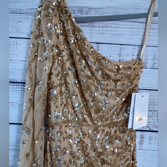 slim fit dress slacks Gold Metallic Pleated One Shoulder Gown main image 1